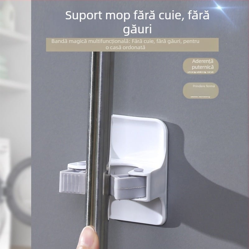 Clip de mop cu bandă adezivă pentru baie – montaj pe perete, multifuncțional pentru mop și mătură