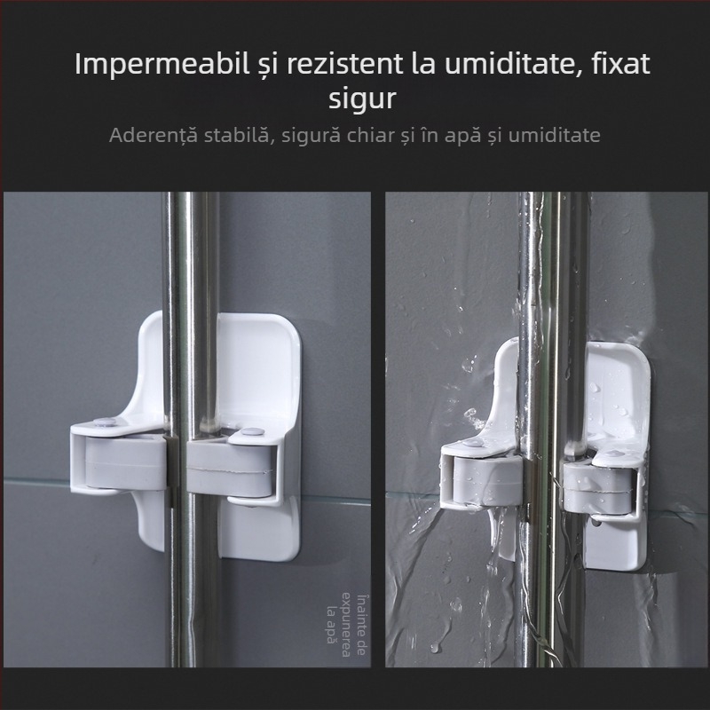 Clip de mop cu bandă adezivă pentru baie – montaj pe perete, multifuncțional pentru mop și mătură