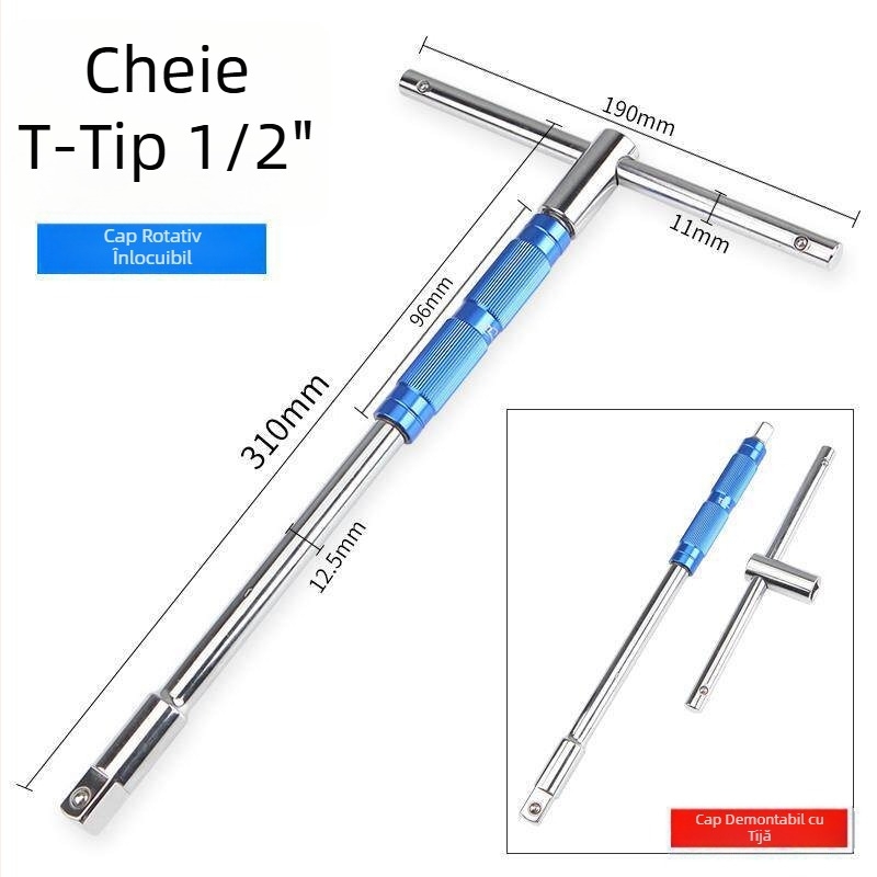 Cheie cu cap schimbător în formă de T, 1/2 inch, cu mâner și tijă de prelungire
