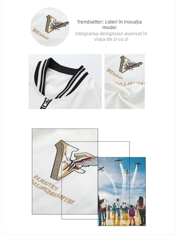 Jachetă pilot pentru bărbați cu broderie de vultur, croială slim, guler înalt, fermoar frontal, mâneci lungi, material poliester, căptușeală poliester, potrivită pentru primăvară-toamnă