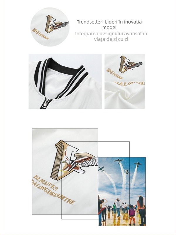 Jachetă pilot pentru bărbați cu broderie de vultur, croială slim, guler înalt, fermoar frontal, mâneci lungi, material poliester, căptușeală poliester, potrivită pentru primăvară-toamnă