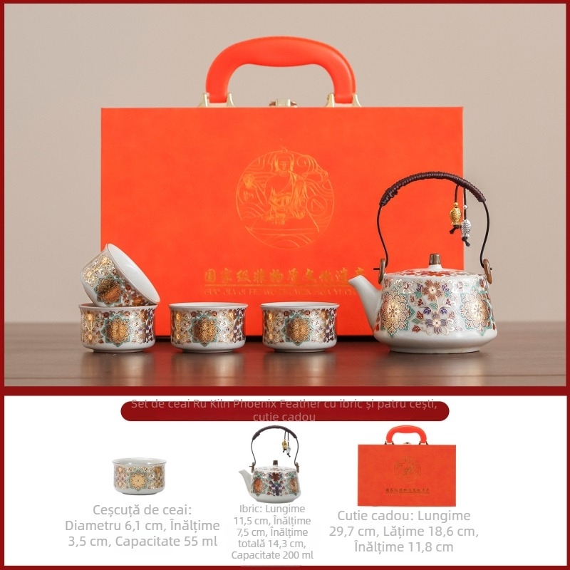Ceainic cu mâner și patru cești — set Kung Fu de ceai, ceramică chineză în stil modern minimalist, glazură mată, cutie cadou, pentru 6–10 persoane
