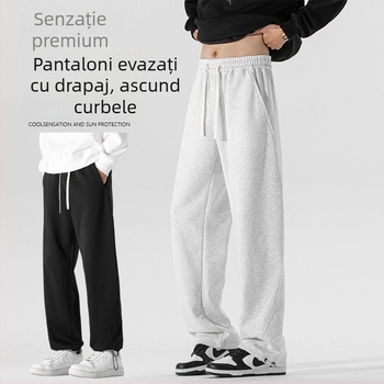 Pantaloni sport casual de toamnă pentru tineri, talie medie, cu șnur de strângere, culoare solidă, croială dreaptă
