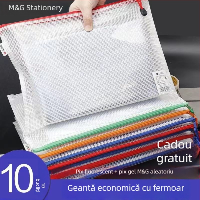 Geantă de documente din plasă cu fermoar, format A4, dosar transparent impermeabil