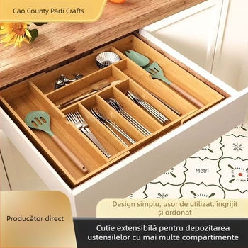 Cutie din lemn pentru tacâmuri, cu sertar și compartimente reglabile pentru cuțite
