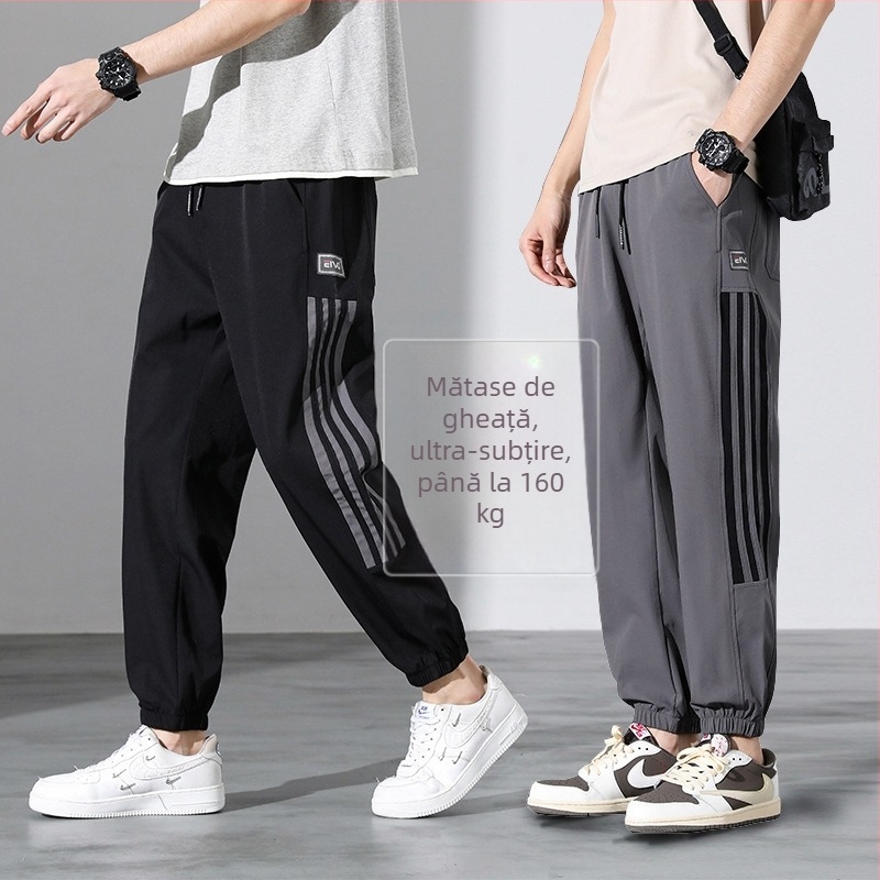 Pantaloni bărbați până la gleznă, sport, din ice silk, subțiri, uscare rapidă, croială jogger, lejeri, mărime plus