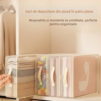 Set de depozitare lenjerie de pat, patru piese, cu sac de organizare îngroșat; depozitare pentru cearșafuri și fețe de plapumă, rezistent la apă și praf