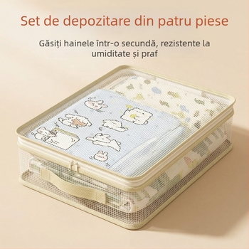 Set de depozitare lenjerie de pat, patru piese, cu sac de organizare îngroșat; depozitare pentru cearșafuri și fețe de plapumă, rezistent la apă și praf
