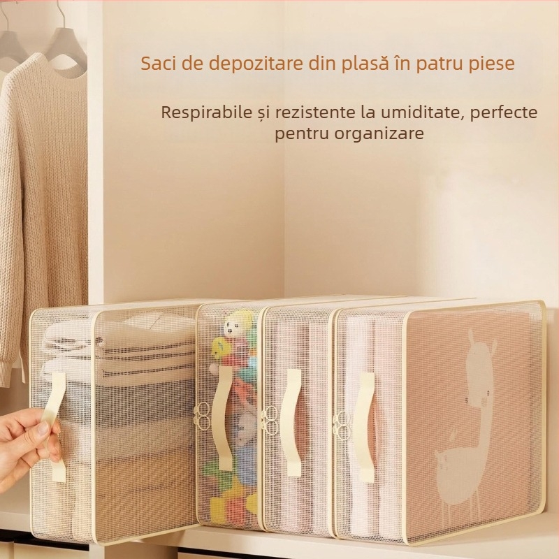Set de depozitare lenjerie de pat, patru piese, cu sac de organizare îngroșat; depozitare pentru cearșafuri și fețe de plapumă, rezistent la apă și praf