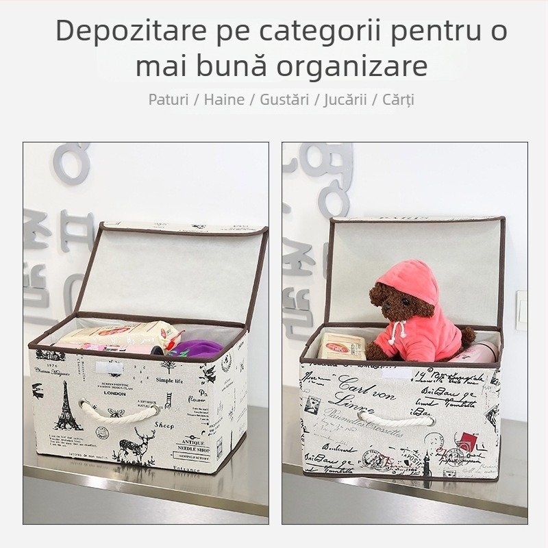 Cutie de depozitare din bumbac și in cu capac, organizator pentru cărți de birou, spațiu pliabil de depozitare pentru jucării, protecție împotriva umezelii și prafului