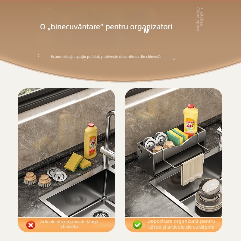 Raft de scurgere pentru chiuvetă și organizator de bucătărie pentru săpun de vase și cârpe, coș de depozitare pe blat, grafit