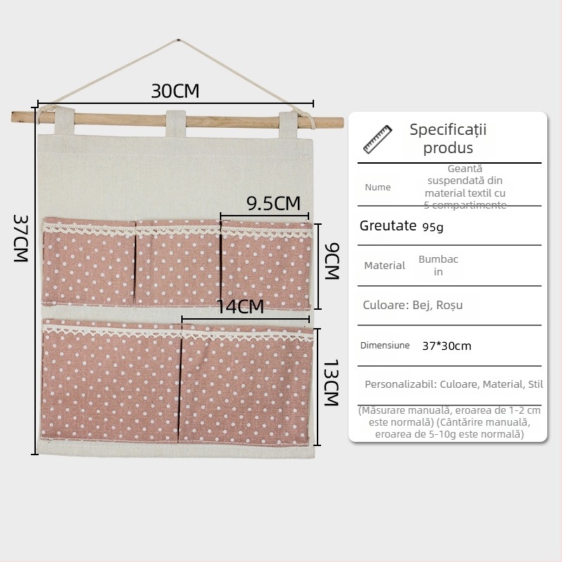 Organizator de perete din material textil cu 5 compartimente, stil japonez, pentru uz casnic, cu buzunar pentru telefon.