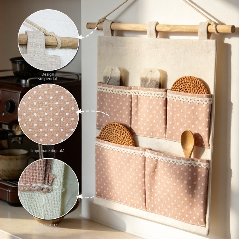 Organizator de perete din material textil cu 5 compartimente, stil japonez, pentru uz casnic, cu buzunar pentru telefon.