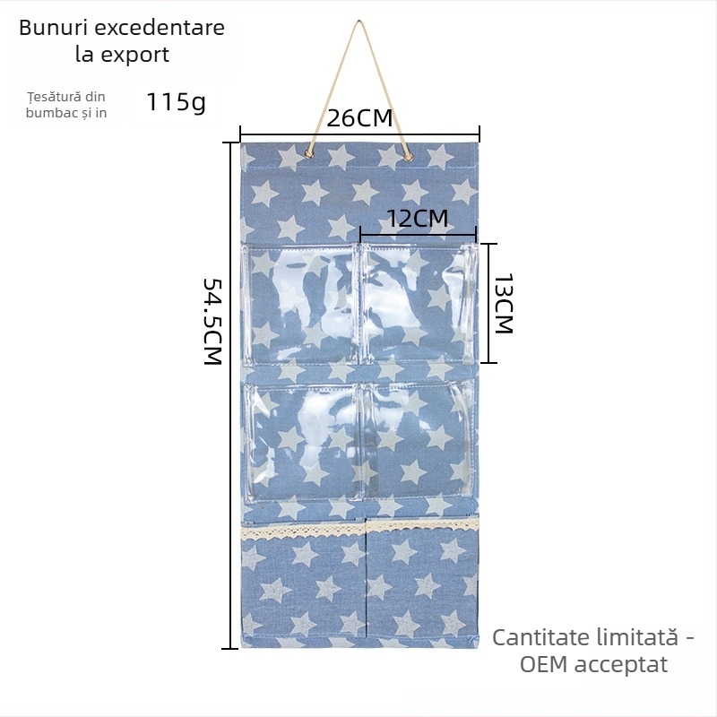 Organizator de perete pentru ușă, stil japonez, cu 6 buzunare transparente în formă de stea, din bumbac-lin, depozitare multifuncțională pentru reviste, papetărie, produse cosmetice, cărți și medicamente