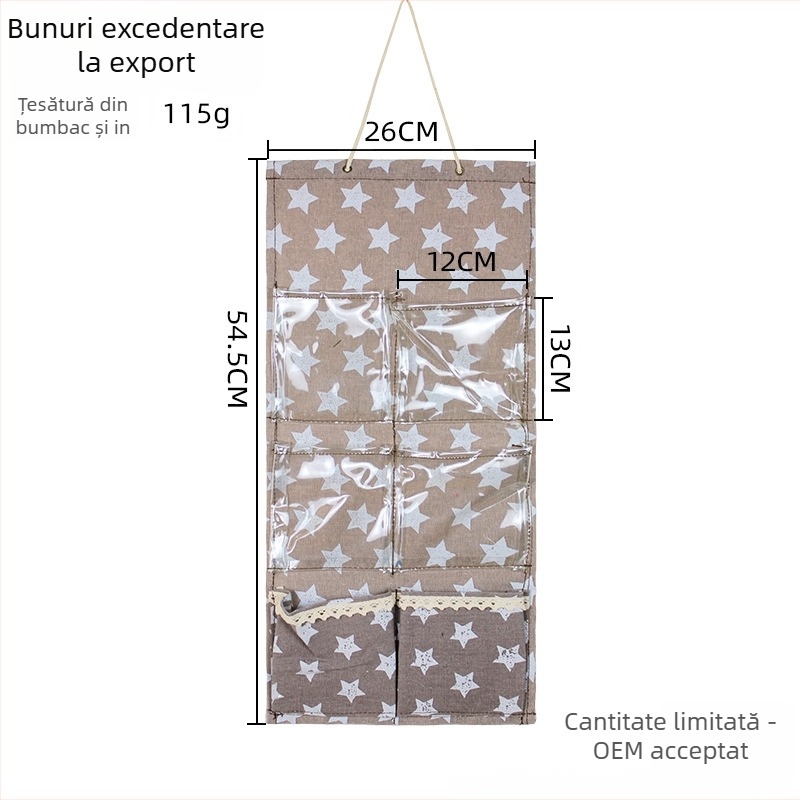 Organizator de perete pentru ușă, stil japonez, cu 6 buzunare transparente în formă de stea, din bumbac-lin, depozitare multifuncțională pentru reviste, papetărie, produse cosmetice, cărți și medicamente