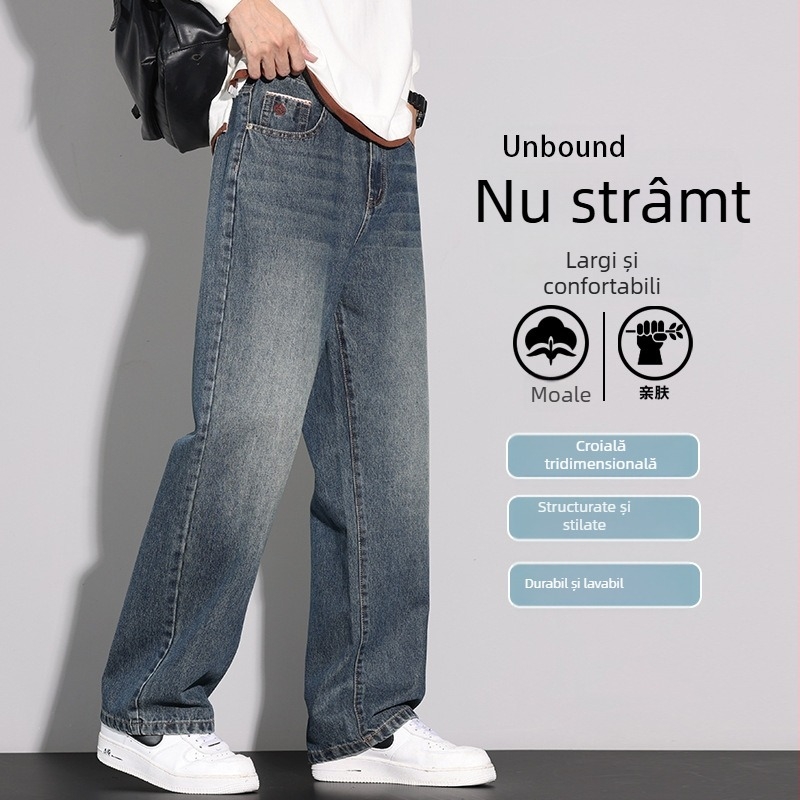 Blugi bărbați elastici din denim — croială dreaptă, lejeră, talie înaltă, stil pustiu de iarnă