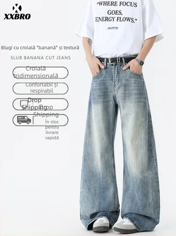 Blugi din denim cu textură de bambus, finisaj spălat, croială wide-leg pentru bărbați.
