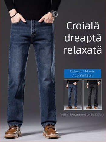 Jeans denim bărbați, albastru-gri, croială dreaptă, lejer, pentru primăvară și toamnă