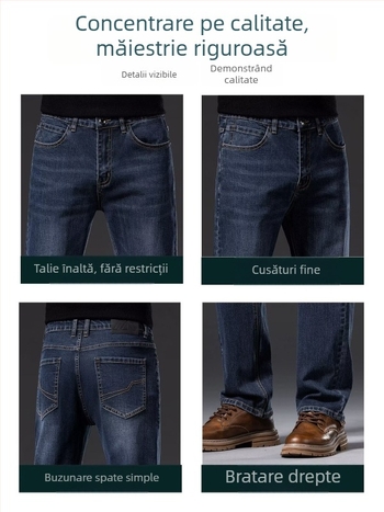 Jeans denim bărbați, albastru-gri, croială dreaptă, lejer, pentru primăvară și toamnă