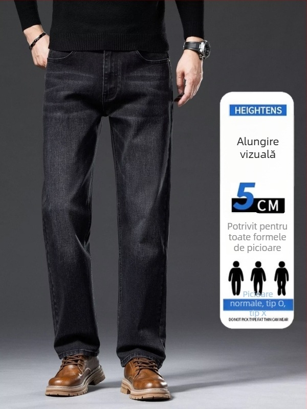 Jeans denim bărbați, albastru-gri, croială dreaptă, lejer, pentru primăvară și toamnă