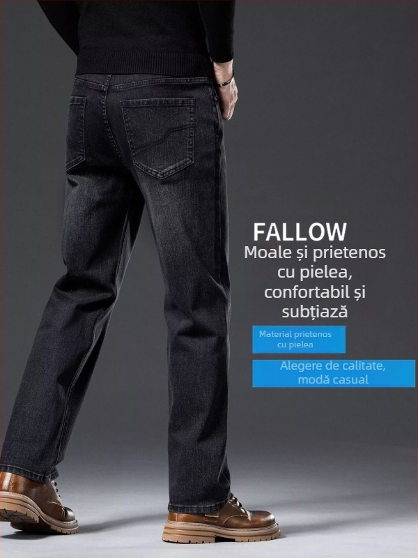 Jeans denim bărbați, albastru-gri, croială dreaptă, lejer, pentru primăvară și toamnă