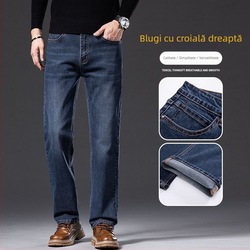 Jeans denim bărbați, albastru-gri, croială dreaptă, lejer, pentru primăvară și toamnă
