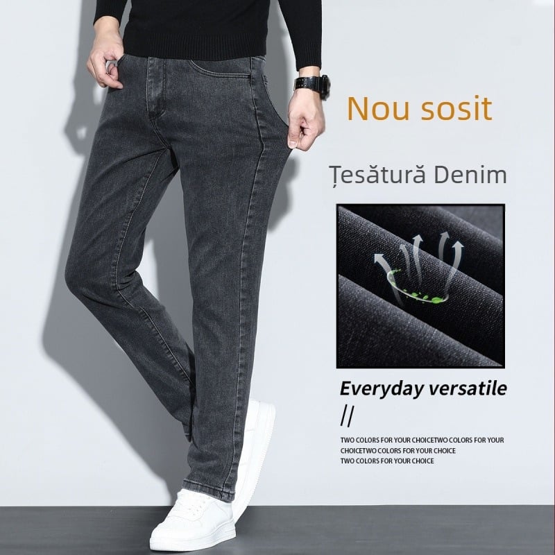 Blugi pentru bărbați, de înaltă calitate, toamnă–iarna 2025, stil nou, croială dreaptă, lejer, elastici, negri, mărime mare, denim casual gri închis