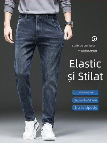 Blugi albaștri pentru bărbați, croială slim, picior drept ușor, elastici, casual, pentru toamnă-iarnă