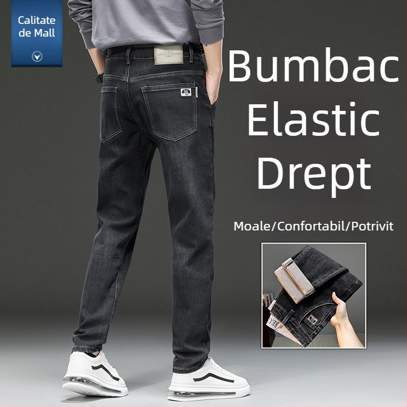 Blugi albaștri pentru bărbați, croială slim, picior drept ușor, elastici, casual, pentru toamnă-iarnă