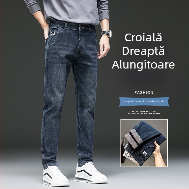 Blugi albaștri pentru bărbați, croială slim, picior drept ușor, elastici, casual, pentru toamnă-iarnă