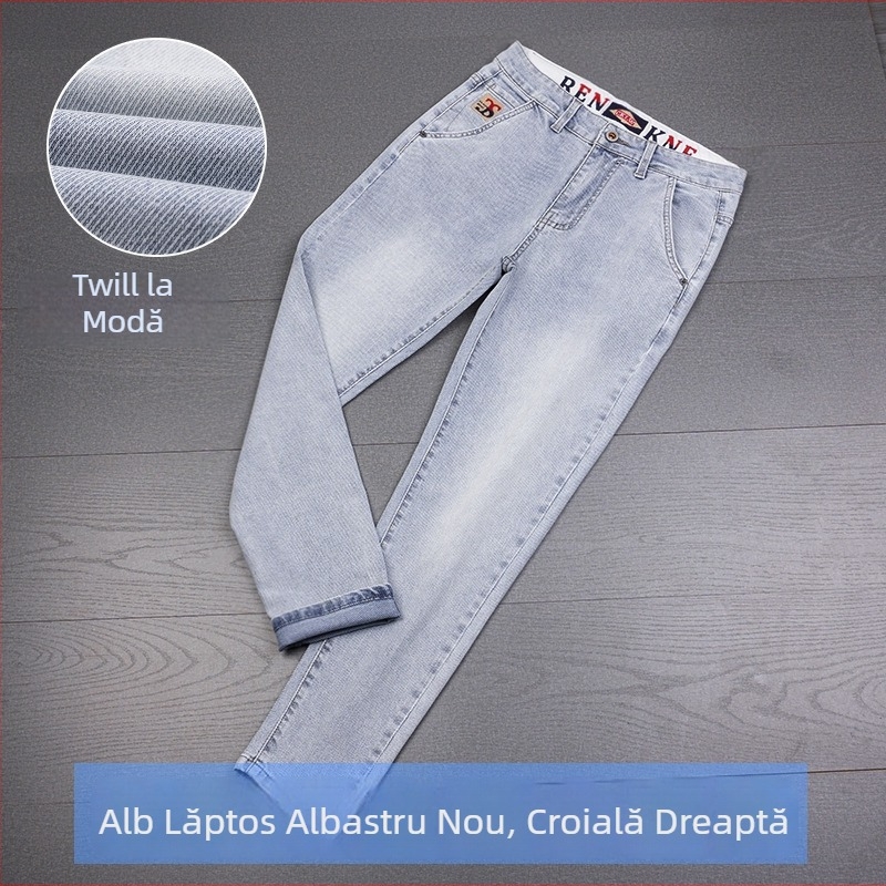 Blugi bărbătești cu broderie, croială dreptă, denim din bumbac, elastici, casual