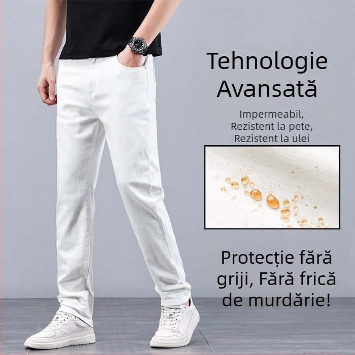 Jeansi de bărbați din denim, finisaj rezistent la apă și la pete, elastici, croială slim, pantaloni casual lungi albi, model nou 2024