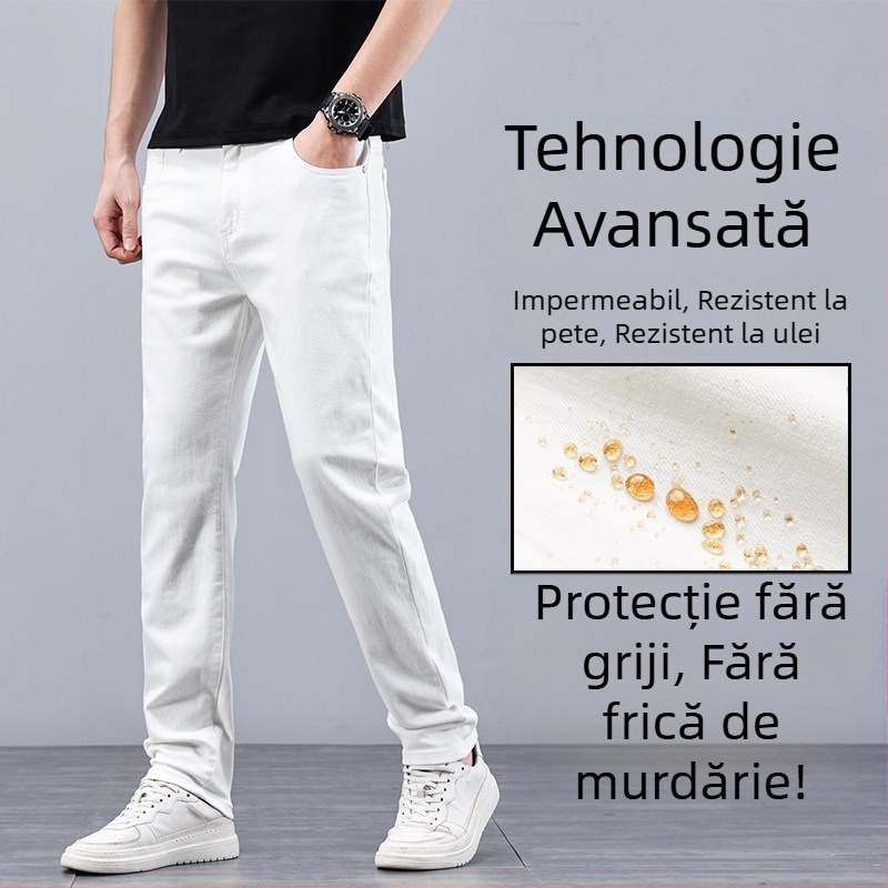 Jeansi de bărbați din denim, finisaj rezistent la apă și la pete, elastici, croială slim, pantaloni casual lungi albi, model nou 2024