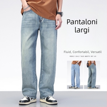Blugi pentru bărbați, stil american retro, albastru denim, croială lejeră drept, ideali pentru primăvară-vară, pantaloni casual din denim
