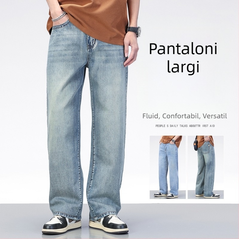 Blugi pentru bărbați, stil american retro, albastru denim, croială lejeră drept, ideali pentru primăvară-vară, pantaloni casual din denim