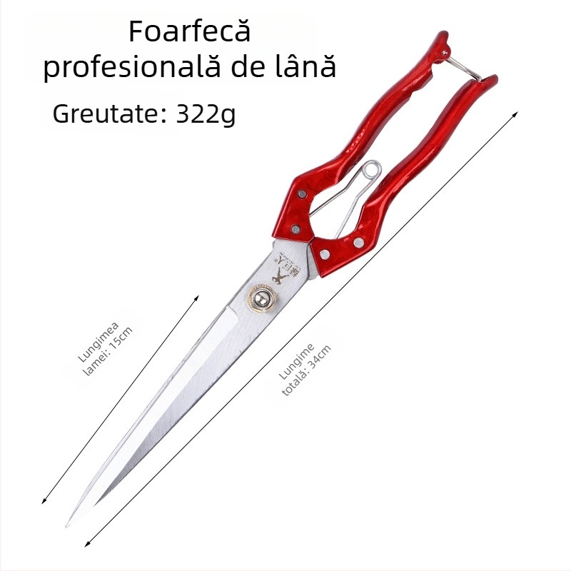 Foarfece de lână pentru animale din oțel mangan, lamă dreaptă, manual cu arc, foarfece pentru piele