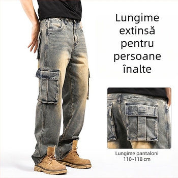 Bald Ding Blugi din denim pentru bărbați, stil american, cu mai multe buzunare, croială largă, mărime plus