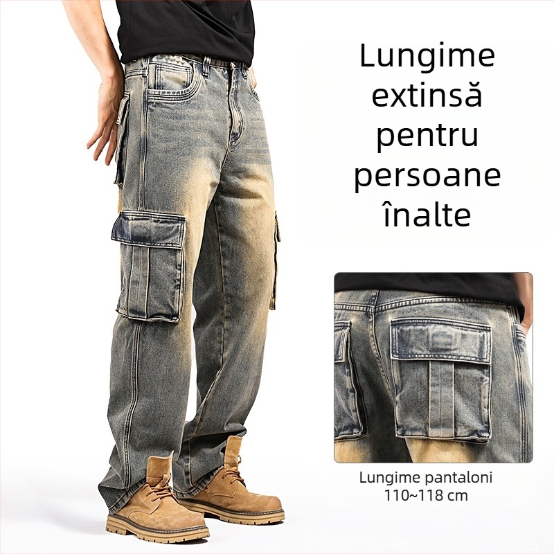 Bald Ding Blugi din denim pentru bărbați, stil american, cu mai multe buzunare, croială largă, mărime plus