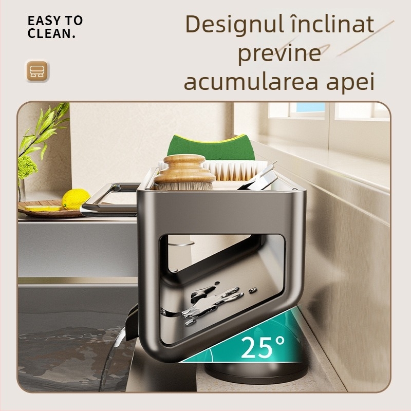 Raft de bucătărie din oțel inoxidabil pentru blat, cu spațiu pentru bureți și prosoape de uscare