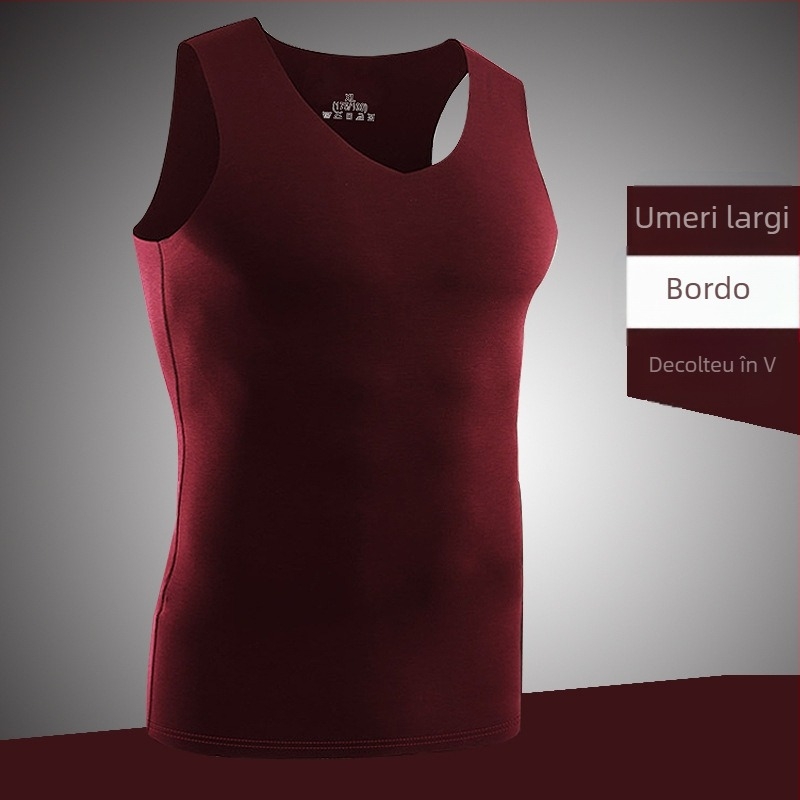 Maieu masculin fără cusături, bretele late, decolteu în V, croială Slim-Fit, culoare solidă, material Ice Silk pentru vară