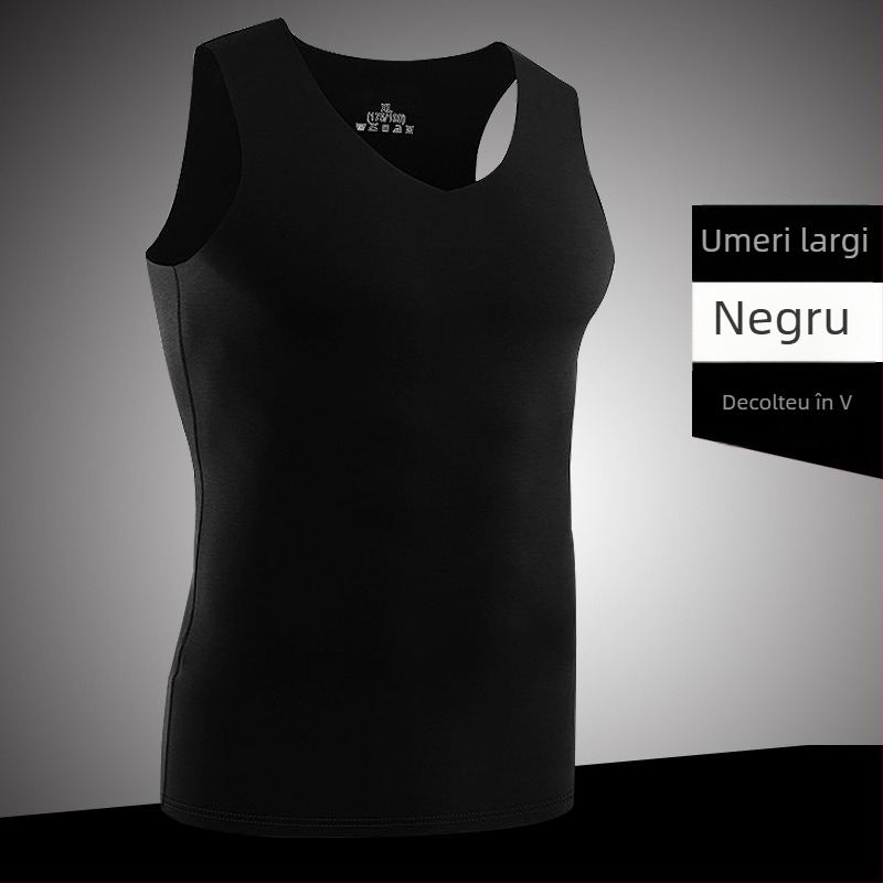 Maieu masculin fără cusături, bretele late, decolteu în V, croială Slim-Fit, culoare solidă, material Ice Silk pentru vară