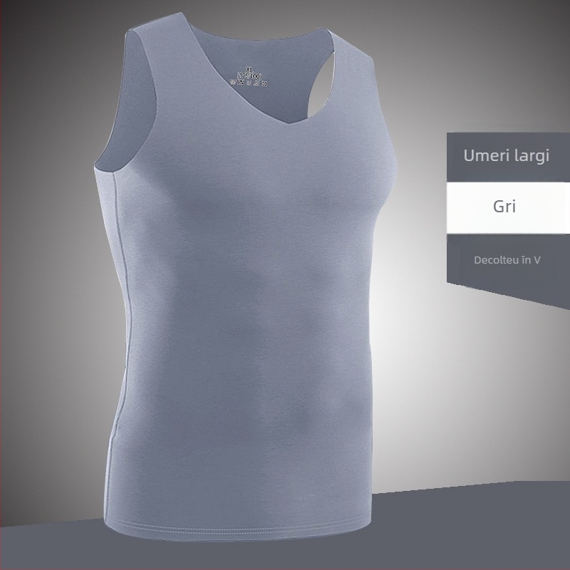 Maieu masculin fără cusături, bretele late, decolteu în V, croială Slim-Fit, culoare solidă, material Ice Silk pentru vară