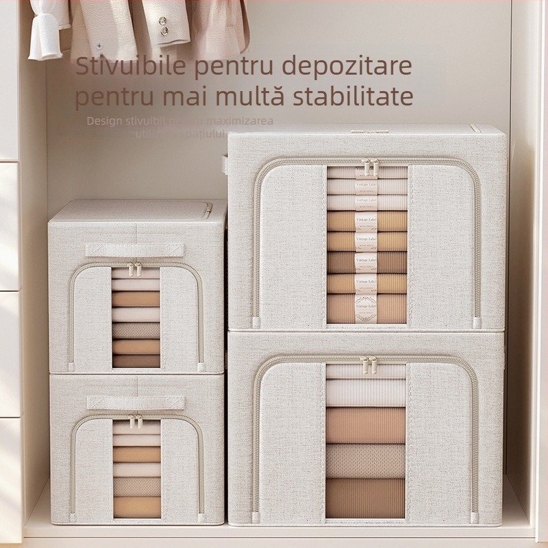 Cutie de depozitare din bumbac-lin TianShan, cu trei uși, pliabilă, lavabilă, pentru haine și pături