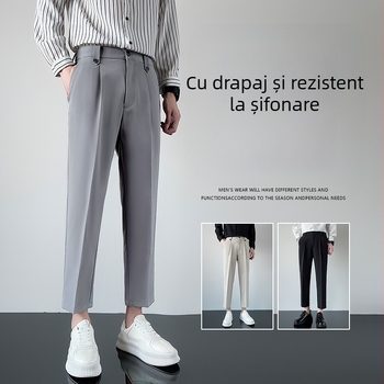Pantaloni de costum pentru bărbați, croiți cropped, cu efect drapat, slim, drept, casual