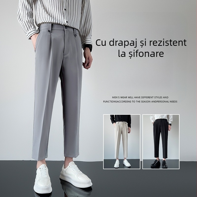 Pantaloni de costum pentru bărbați, croiți cropped, cu efect drapat, slim, drept, casual