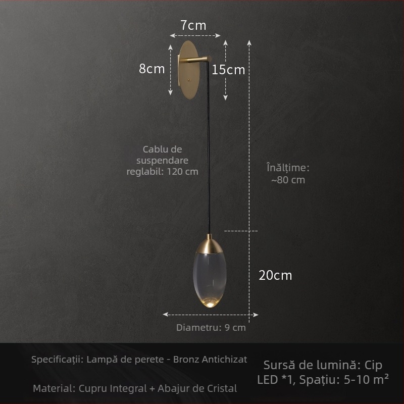 Lampa de perete din cupru integral, cu sferă de cristal, stil postmodern, potrivită pentru scară, dormitor și sufragerie.