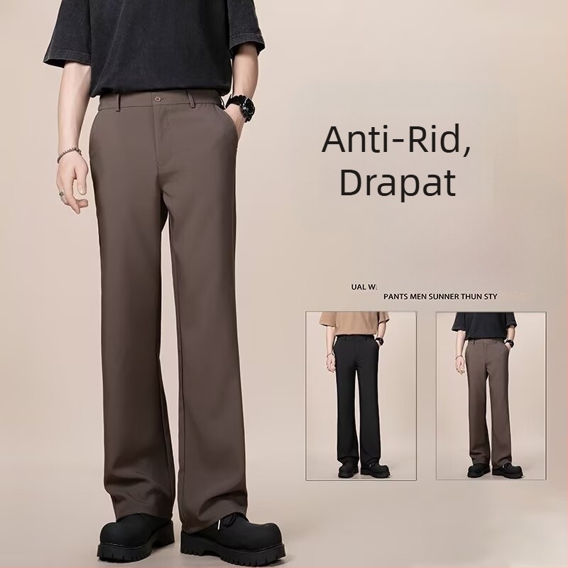 Pantaloni de vară pentru costum, cu drapaj și anti-șifonare, croială dreaptă lejeră, până la podea, stil casual