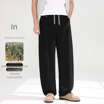 Pantaloni de vară pentru bărbați din mătase de gheață, subțiri, drepti, croială lată