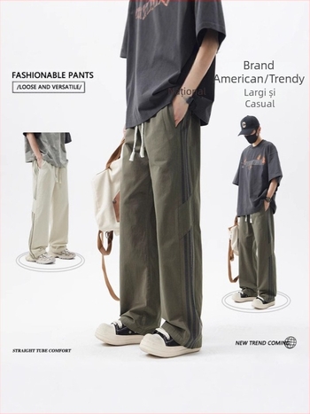 Pantaloni de vară din bumbac pentru bărbați, cu dungi pe lateral, croială lejeră, drepti, lungi
