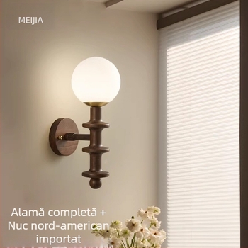 Lampa de perete în stil francez, retro din lemn de nuc cu abajur de sticlă pentru living și dormitor